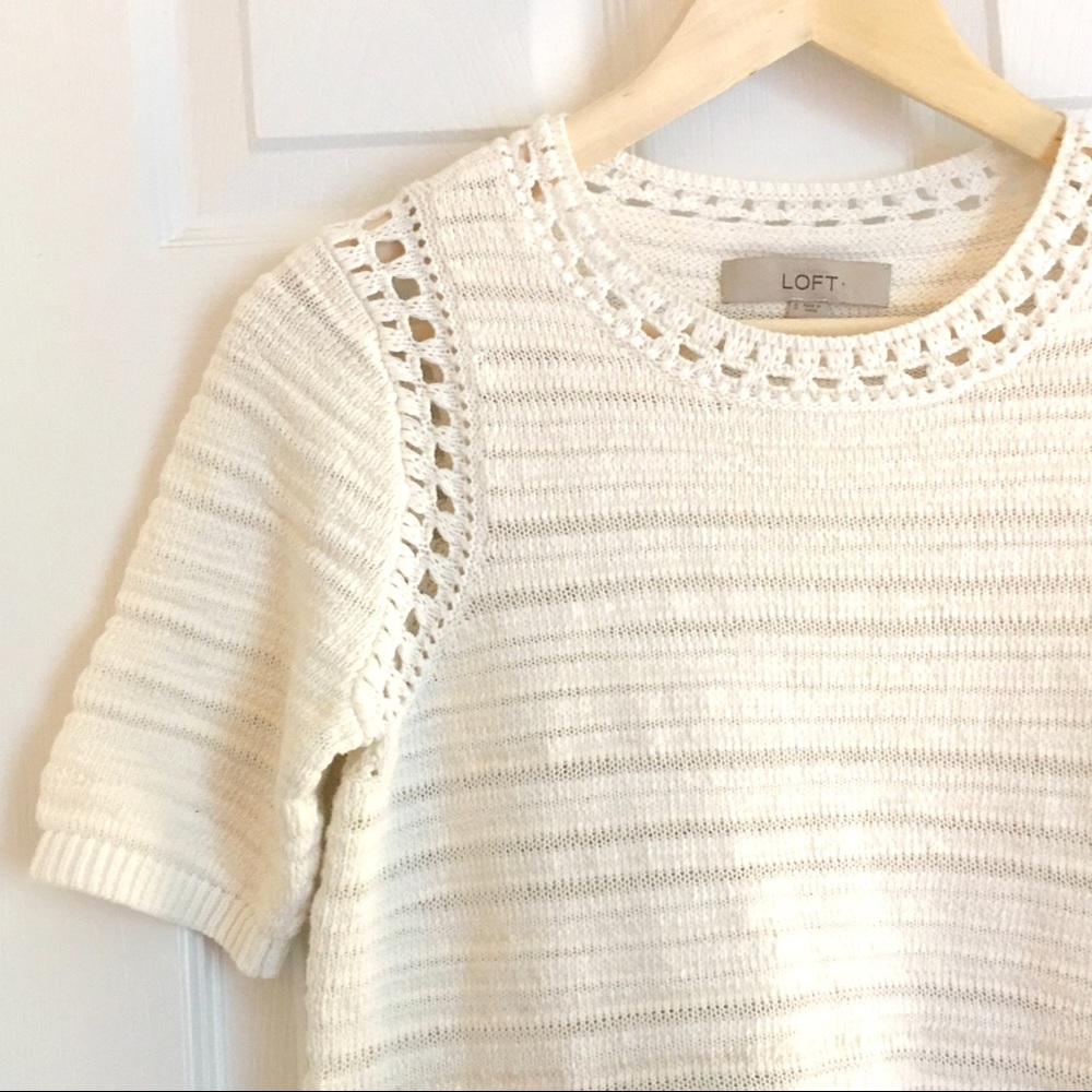 LOFT Old Money Short Sleeve Knit Sweater Top w/ Crochet